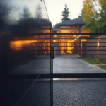Close-up of a modern electric driveway gate outside a residential home in Portland, Oregon, with sleek metal panels and smooth automation details.