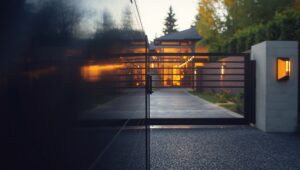 Close-up of a modern electric driveway gate outside a residential home in Portland, Oregon, with sleek metal panels and smooth automation details.