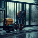 A technician inspecting an automatic driveway gate motor and safety sensors with tools nearby on a rainy Pacific Northwest day.