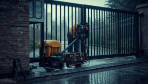A technician inspecting an automatic driveway gate motor and safety sensors with tools nearby on a rainy Pacific Northwest day.