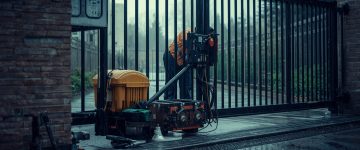 A technician inspecting an automatic driveway gate motor and safety sensors with tools nearby on a rainy Pacific Northwest day.